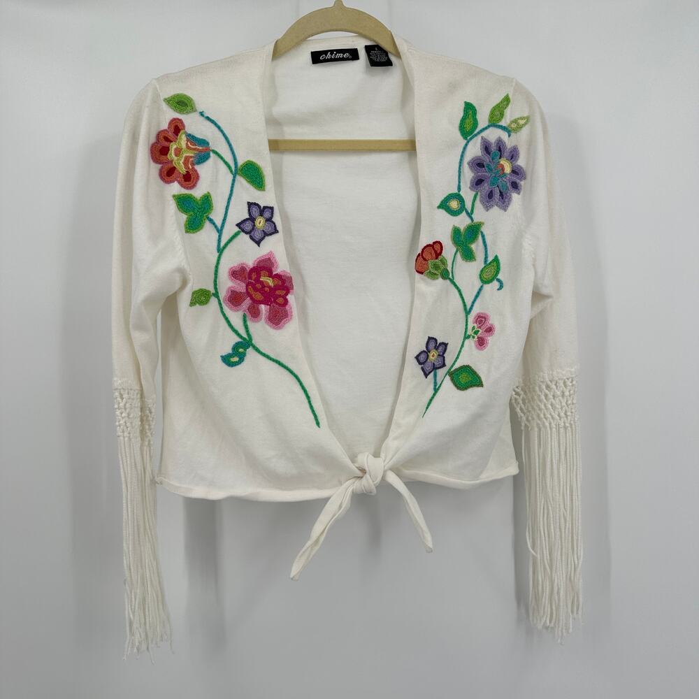 Chime Women Tie Front Cardigan Sz L Embroidered Floral Cottagecore Y2K Whimsical